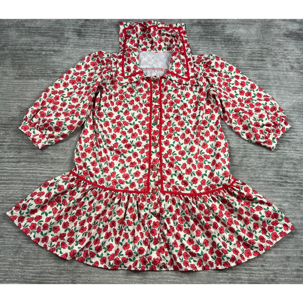 Unbranded Dress Women XL Red Cream Floral Drop Waist Ruffle Button Front Piping